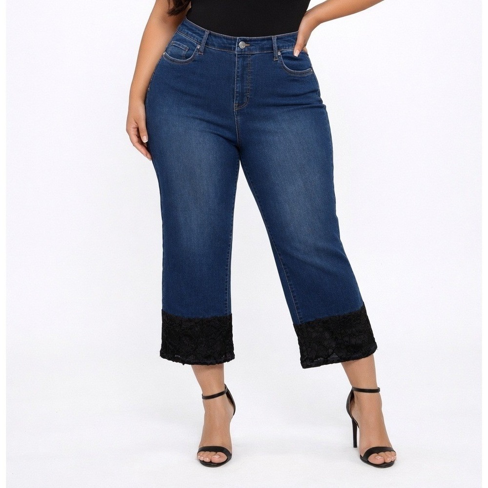 G by Giuliana Straight Leg Jeans Women 16 Black Lace Trim‎ NWT
